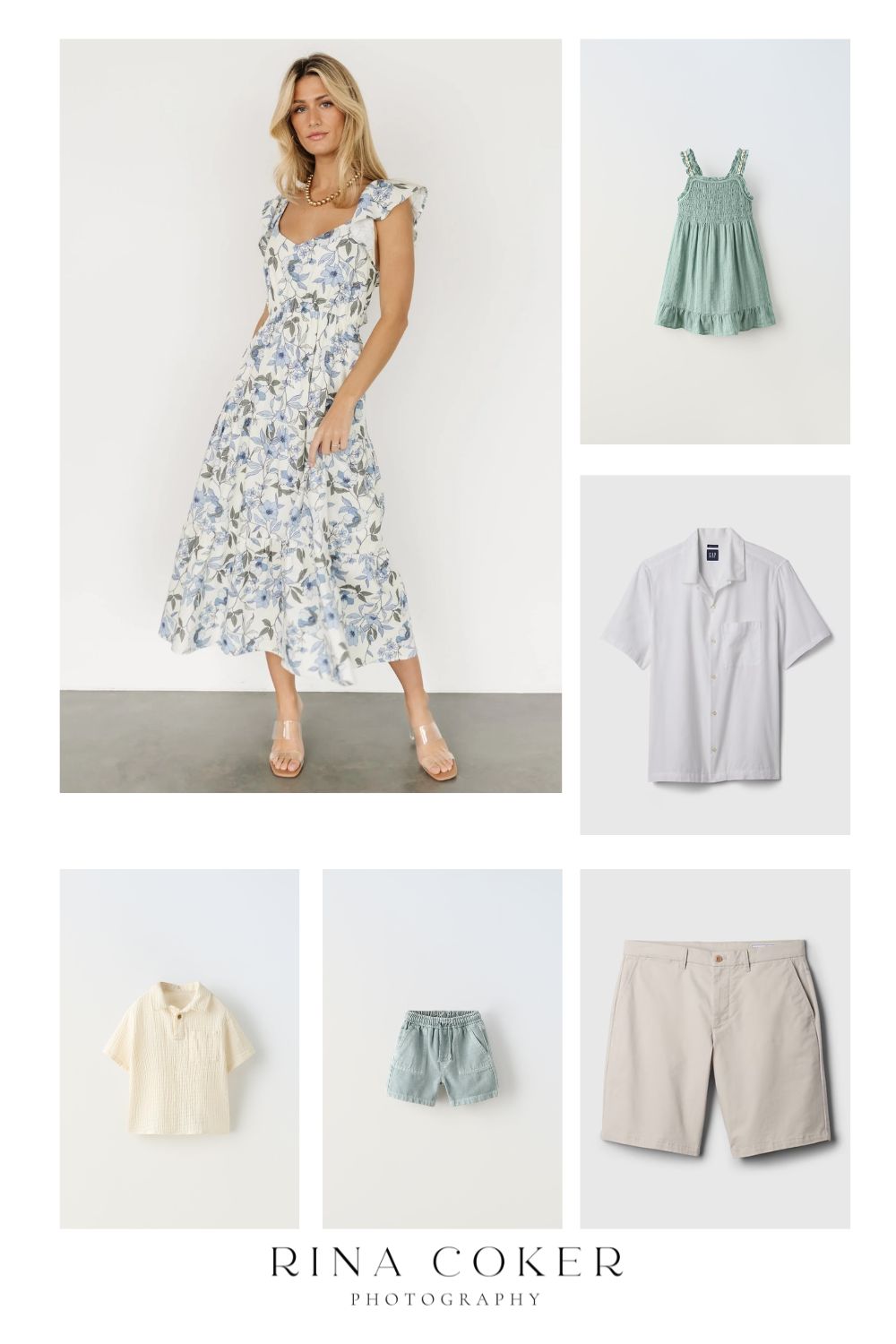 Collage of outfit inspirations for beach family photos.